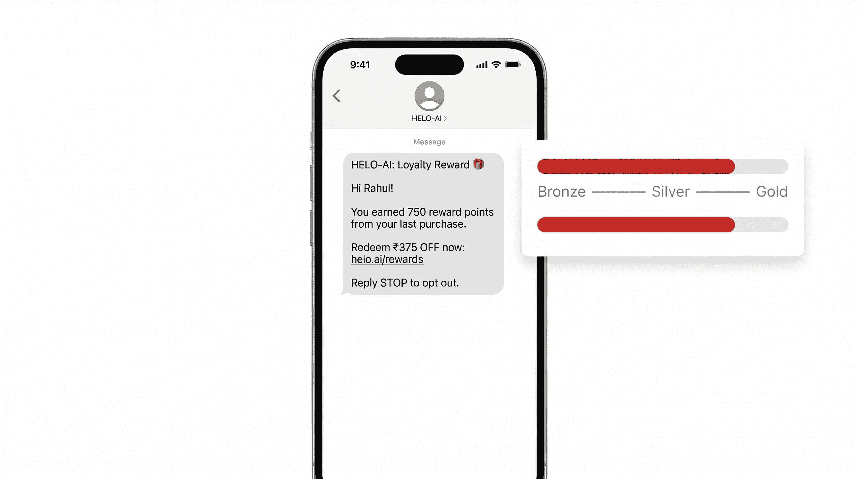 Loyalty reward SMS mockup with 750 points earned and Bronze–Silver–Gold progress bar.
